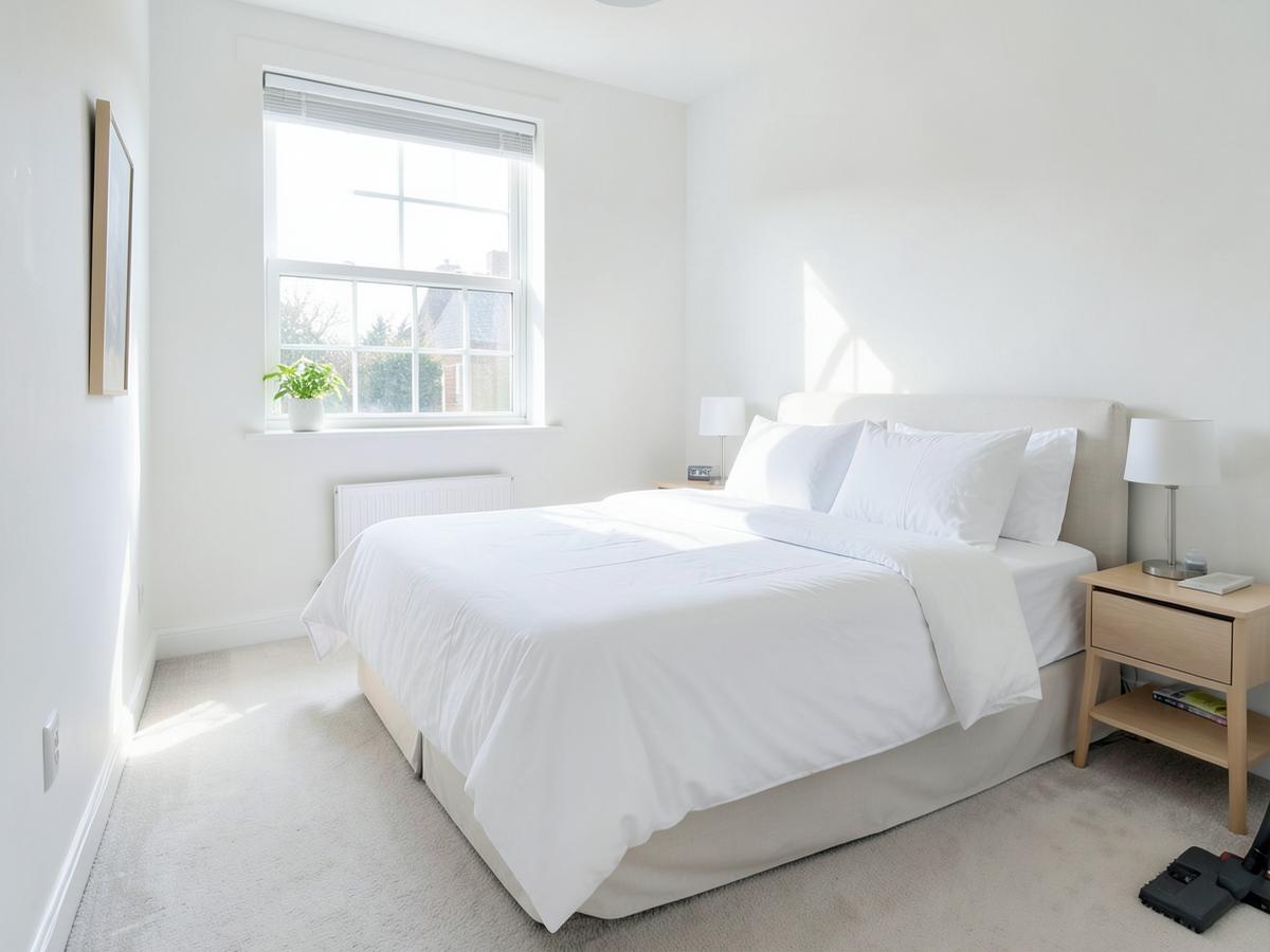 Freshly cleaned bedroom with vacuumed carpet and crisp made bed after a weekly cleaning visit