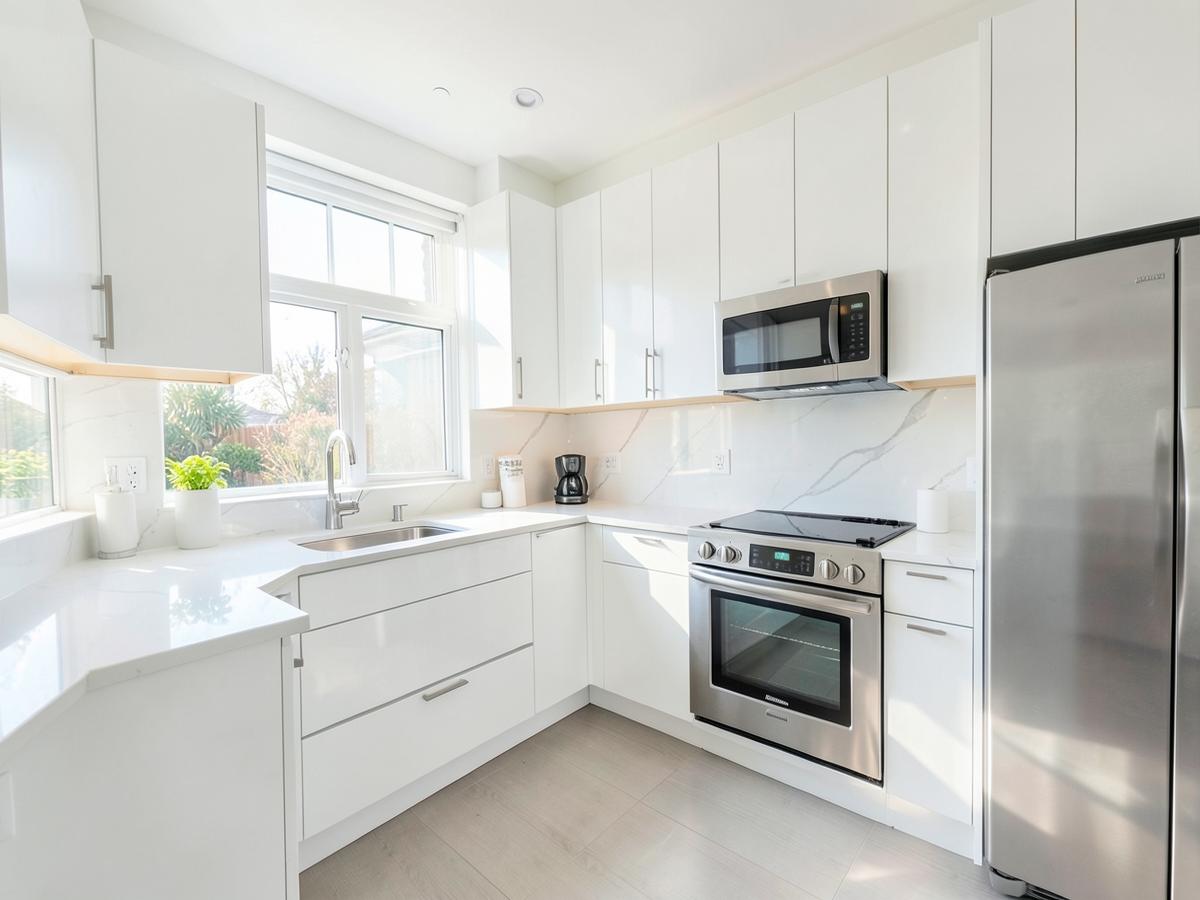 Spotless white kitchen with polished countertops and stainless appliances after a deep cleaning in Cleburne, TX