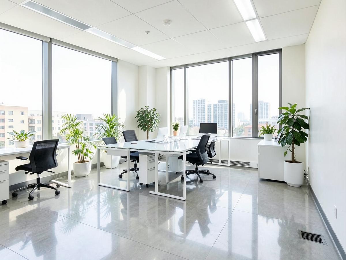 Clean commercial office with polished floors and dusted desks after a commercial cleaning in Cleburne, TX